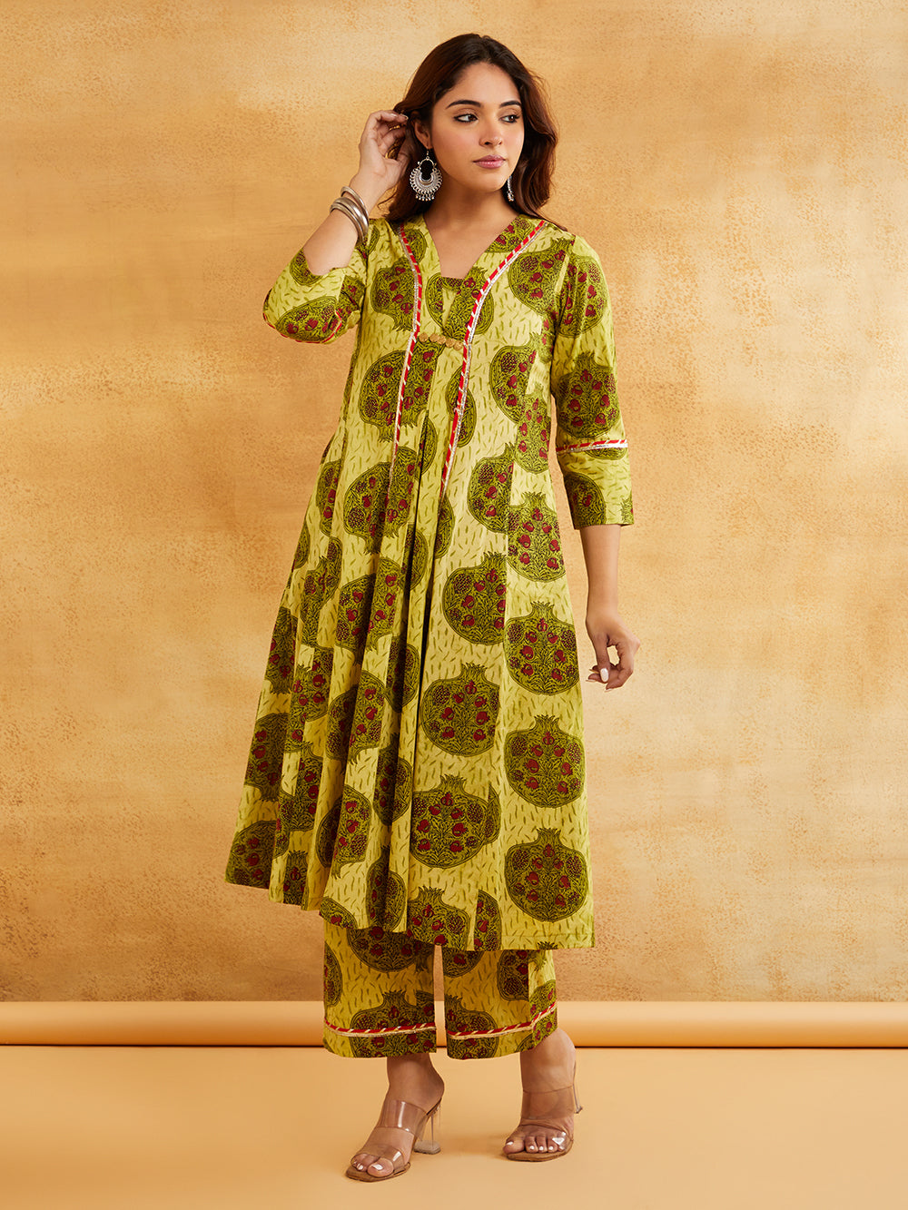 Yellow Block Printed A-line kurta with Palazzo - Set of 2 || Mustard ethnic co-ord set Sanyogini