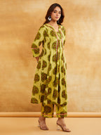 Yellow Block Printed A-line kurta with Palazzo - Set of 2 || Mustard ethnic co-ord set Sanyogini