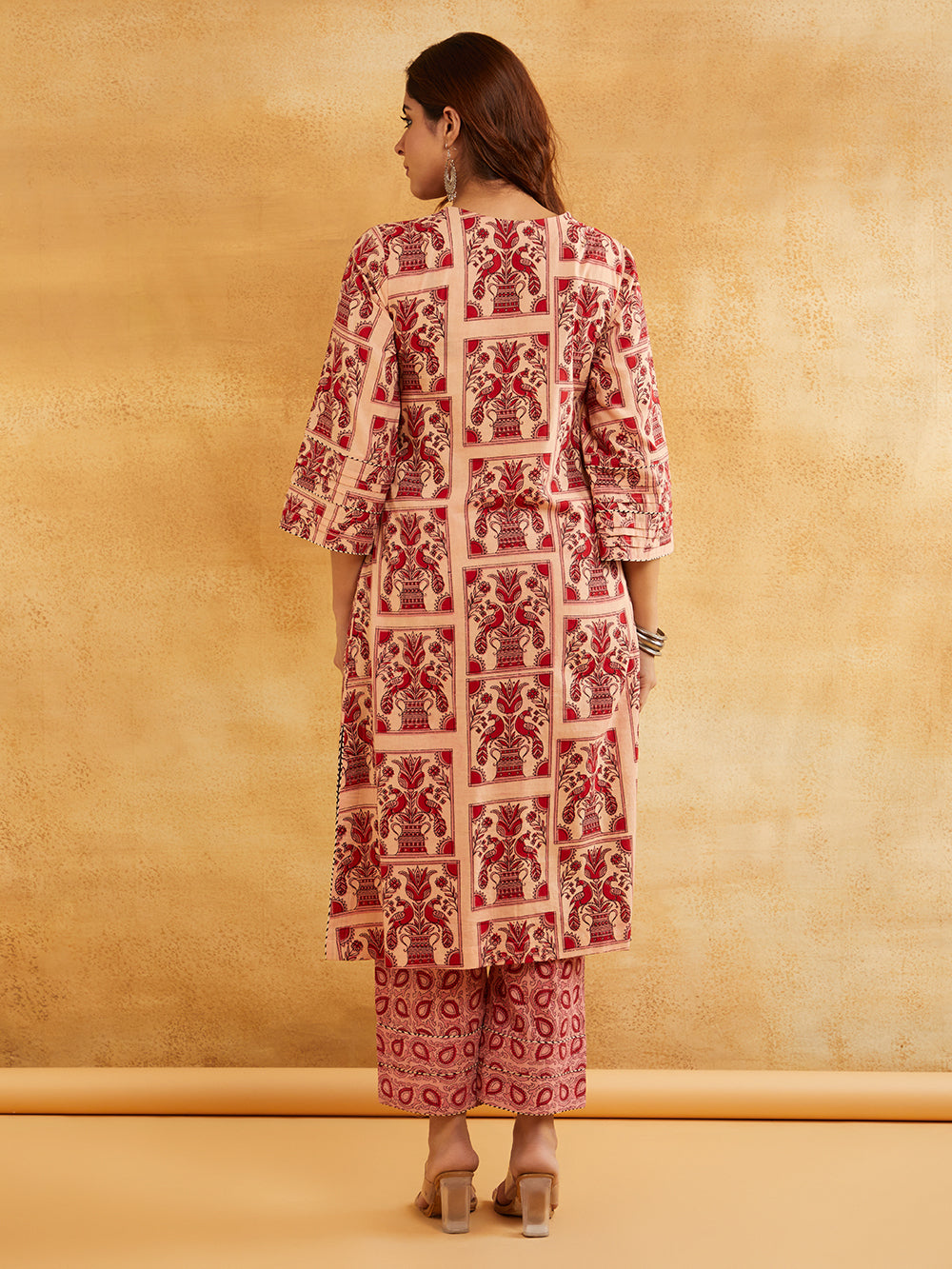 Pink Block Printed A-line Piping Detailing Kurta with Pants - Set of 2 || Trendy Ethnic Sanyogini