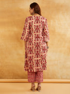 Pink Block Printed A-line Piping Detailing Kurta with Pants - Set of 2 || Trendy Ethnic Sanyogini