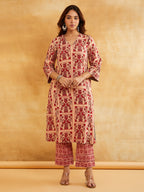 Pink Block Printed A-line Piping Detailing Kurta with Pants - Set of 2 || Trendy Ethnic Sanyogini