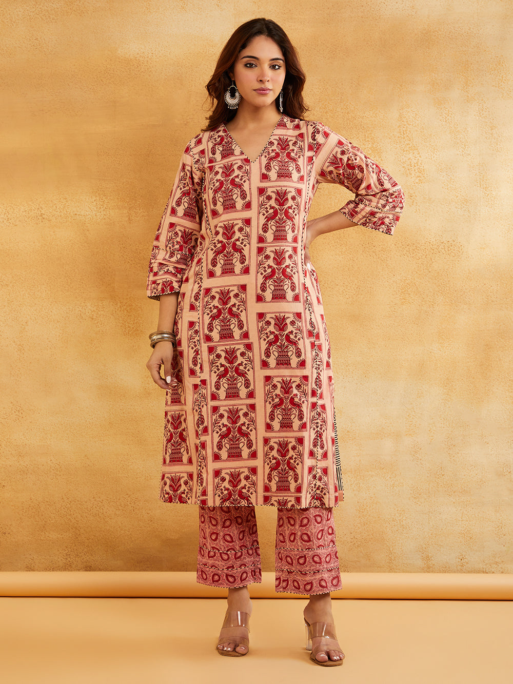 Pink Block Printed A-line Piping Detailing Kurta with Pants - Set of 2 || Trendy Ethnic Sanyogini