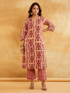 Pink Block Printed A-line Piping Detailing Kurta with Pants - Set of 2 || Trendy Ethnic Sanyogini