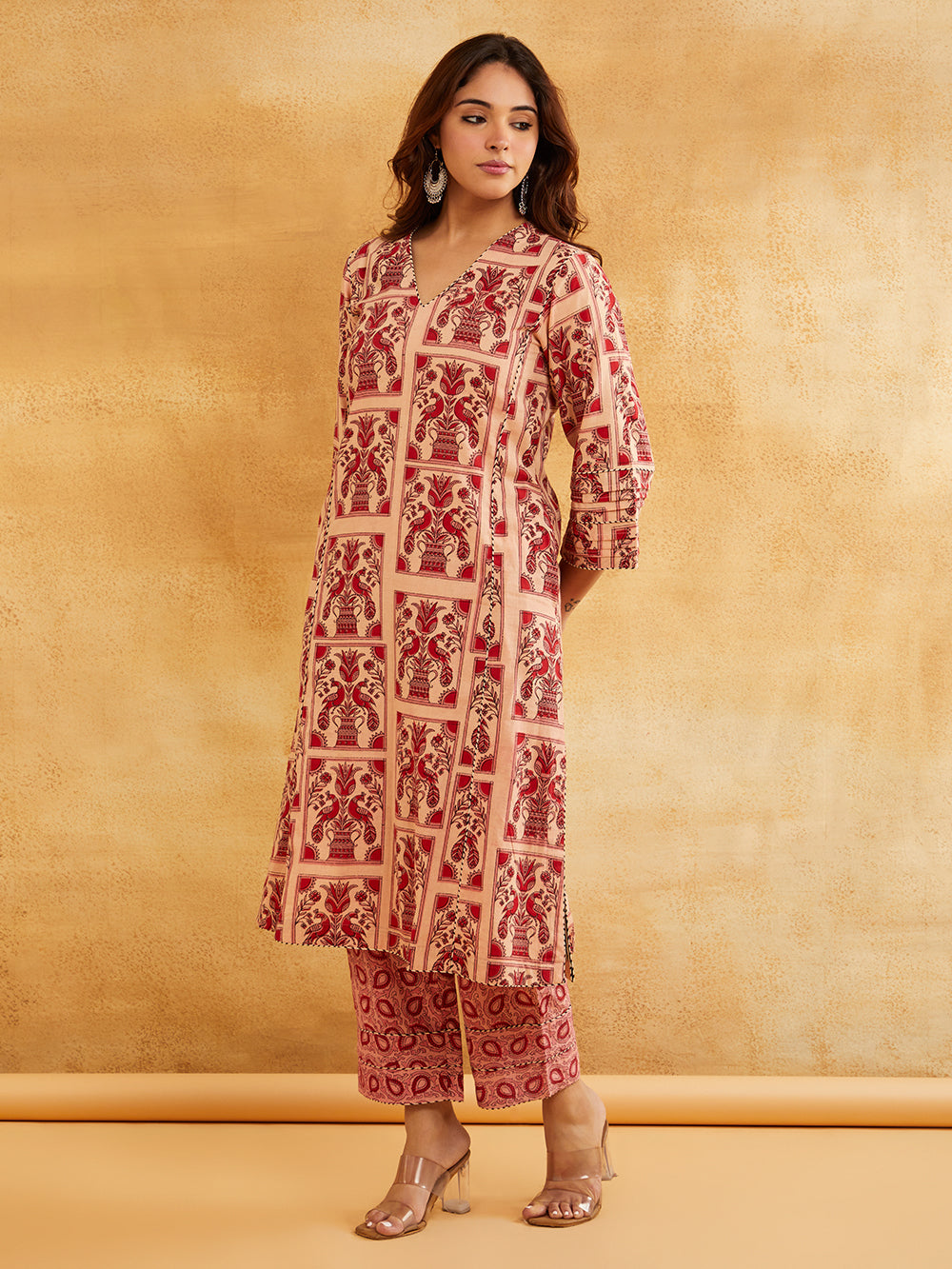 Pink Block Printed A-line Piping Detailing Kurta with Pants - Set of 2 || Trendy Ethnic Sanyogini
