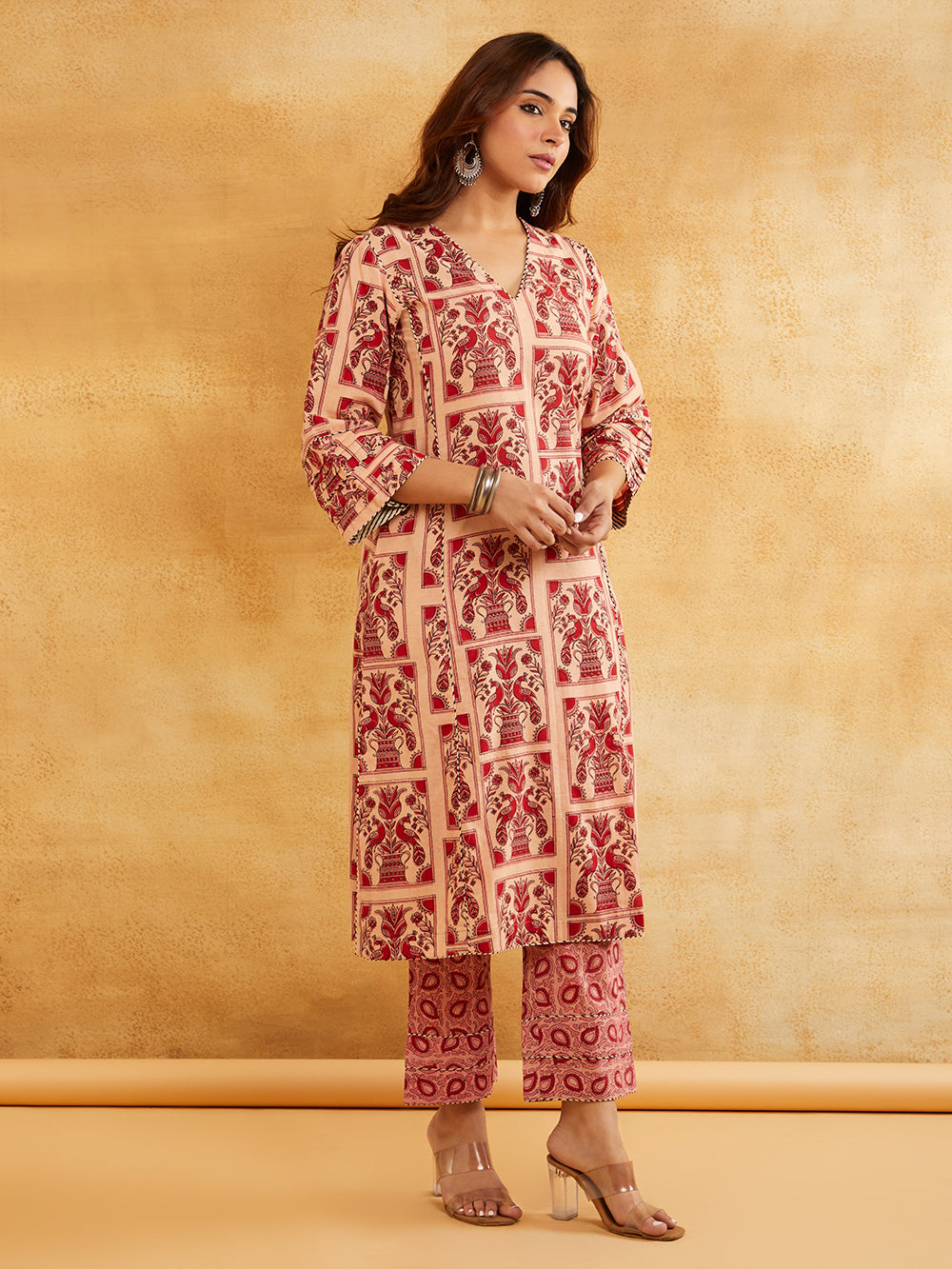 Pink Block Printed A-line Piping Detailing Kurta with Pants - Set of 2 || Trendy Ethnic Sanyogini