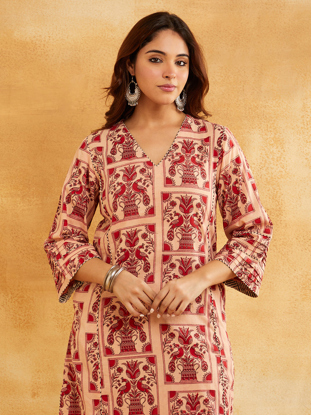 Pink Block Printed A-line Piping Detailing Kurta with Pants - Set of 2 || Trendy Ethnic Sanyogini