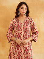 Pink Block Printed A-line Piping Detailing Kurta with Pants - Set of 2 || Trendy Ethnic Sanyogini