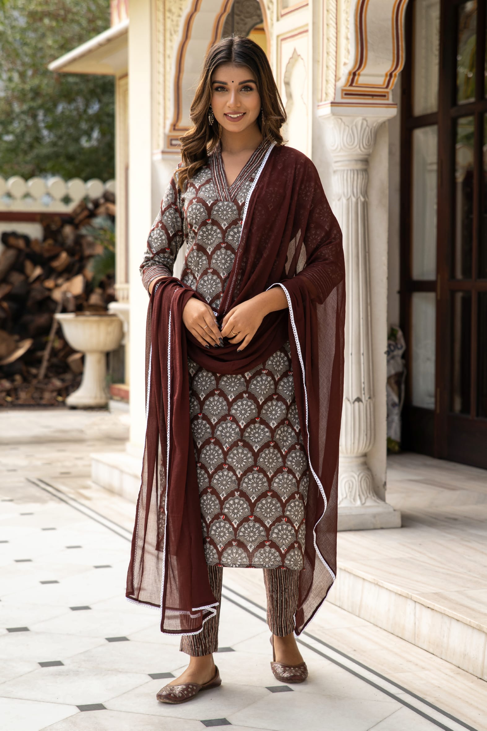 Brown Dabu Hand Block Printed Cotton Suit with Chiffon Dupatta- Set of 3 Bada Boota