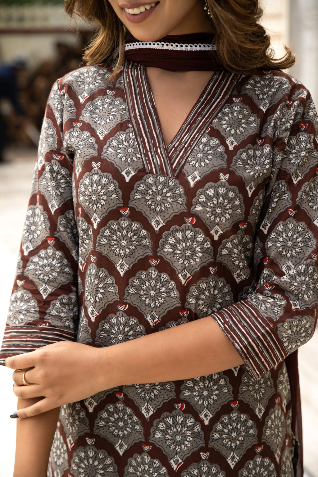 Brown Dabu Hand Block Printed Cotton Suit with Chiffon Dupatta- Set of 3 Bada Boota