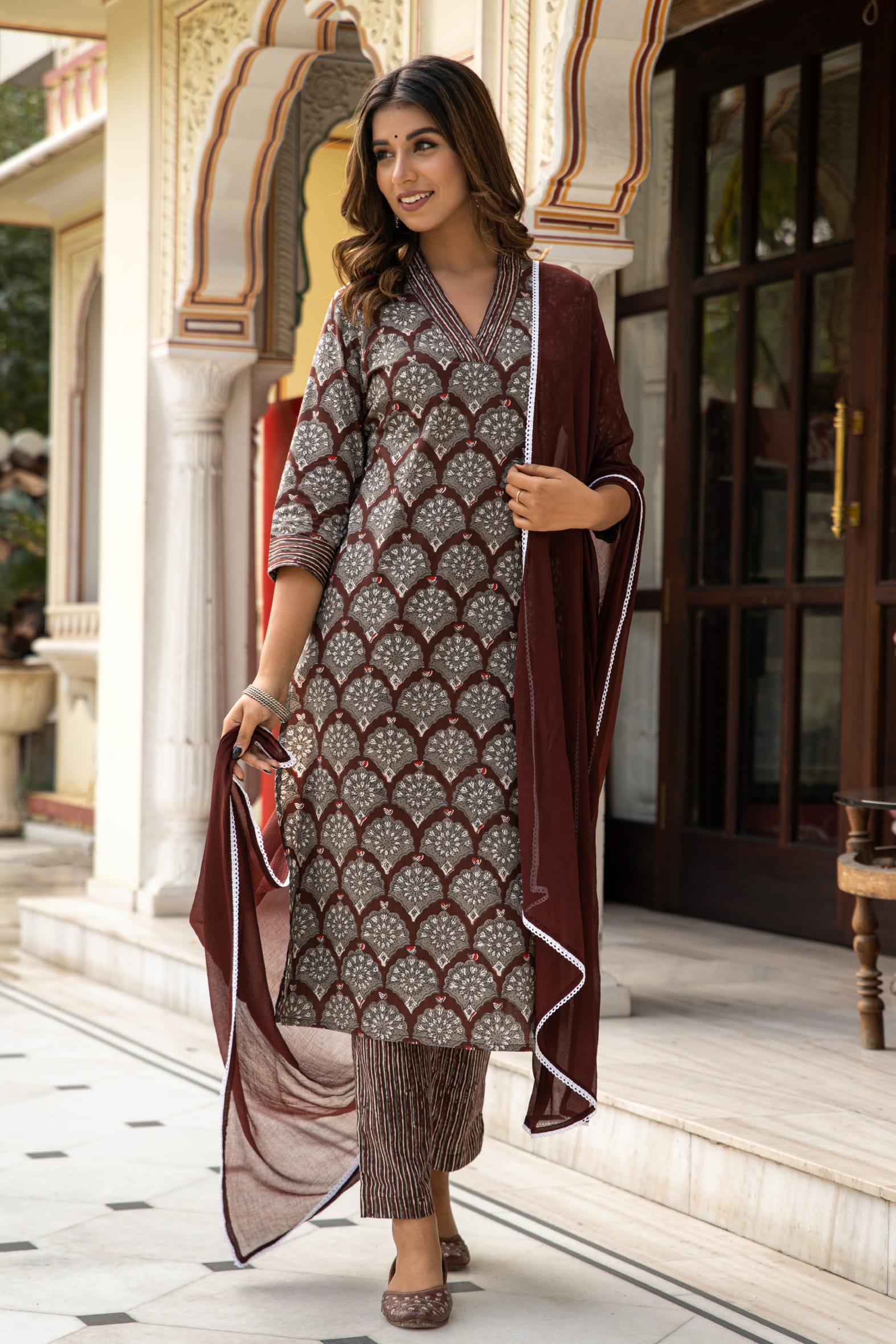 Brown Dabu Hand Block Printed Cotton Suit with Chiffon Dupatta- Set of 3 Bada Boota