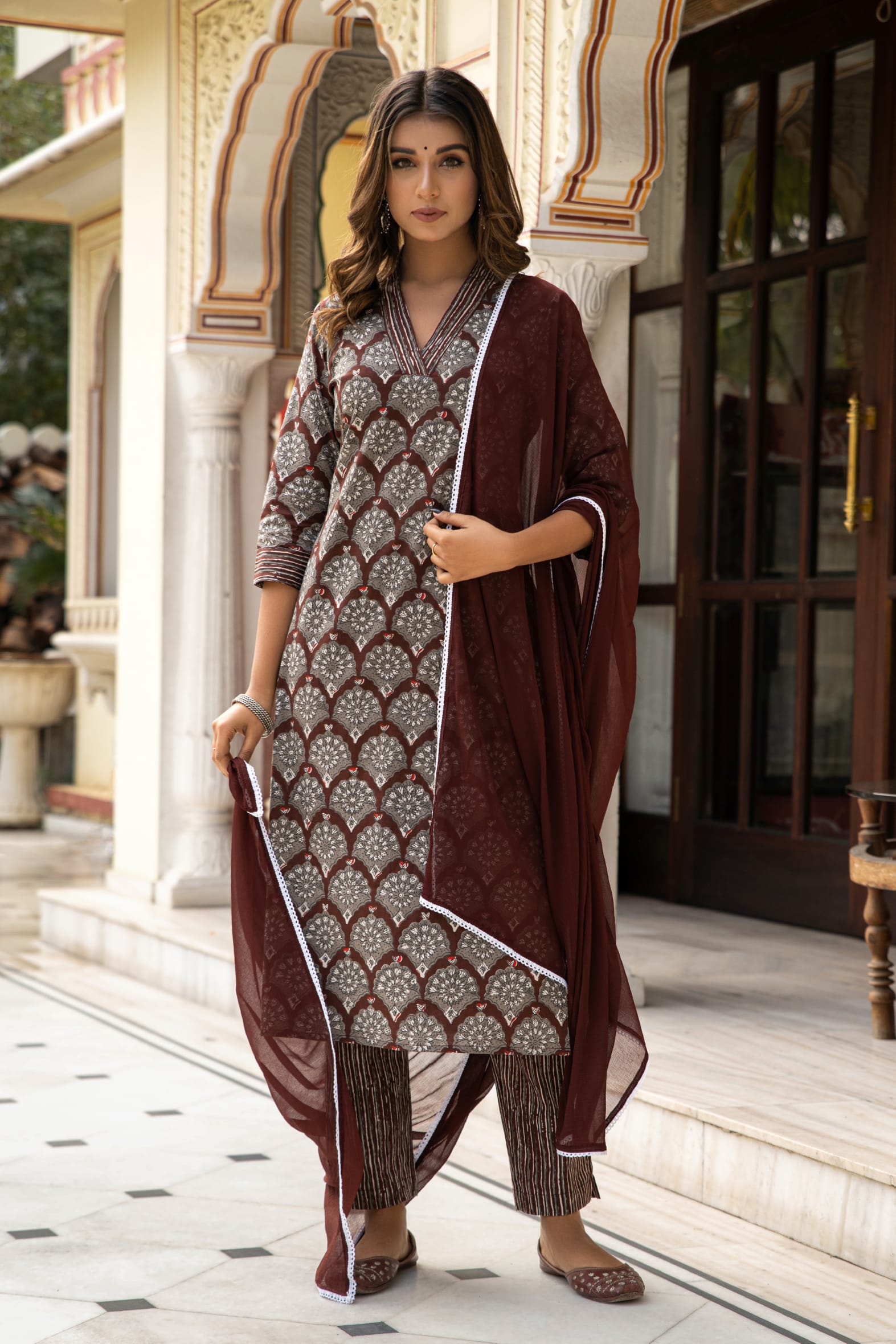 Brown Dabu Hand Block Printed Cotton Suit with Chiffon Dupatta- Set of 3 Bada Boota