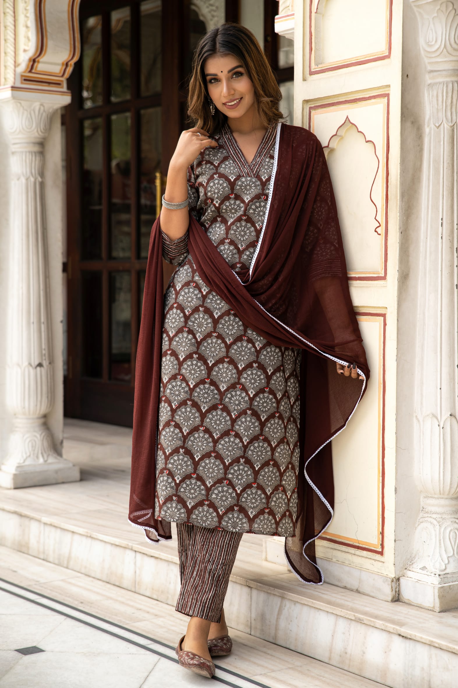 Brown Dabu Hand Block Printed Cotton Suit with Chiffon Dupatta- Set of 3 Bada Boota