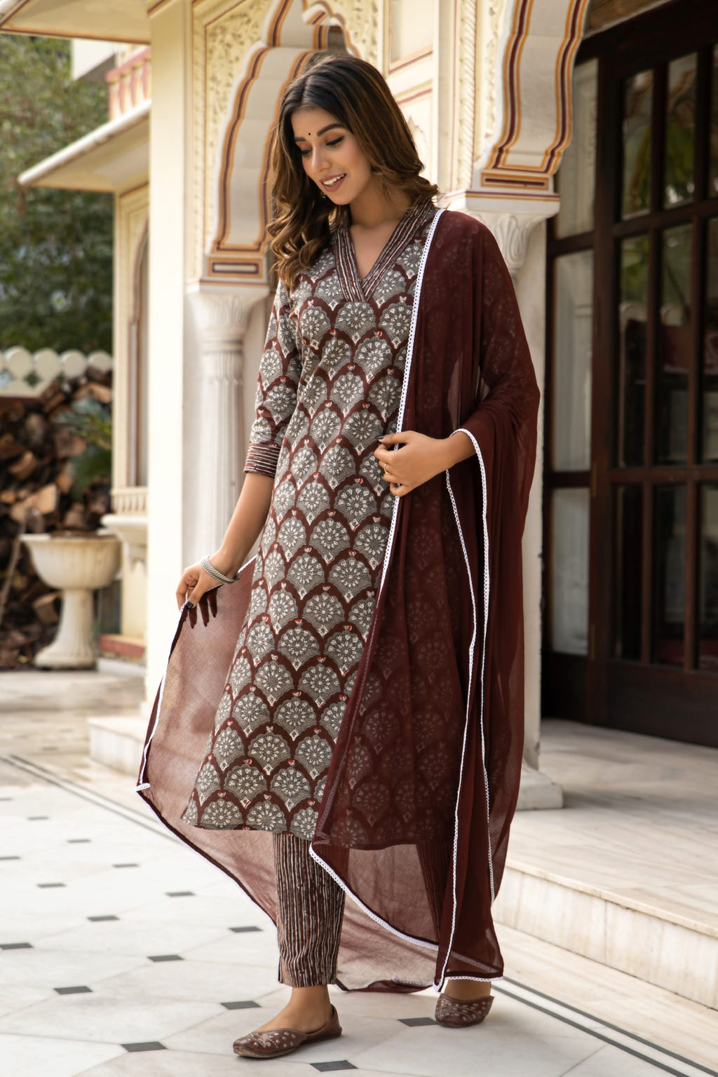 Brown Dabu Hand Block Printed Cotton Suit with Chiffon Dupatta- Set of 3 Bada Boota