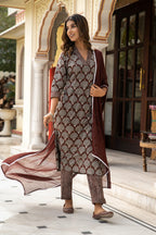 Brown Dabu Hand Block Printed Cotton Suit with Chiffon Dupatta- Set of 3 Bada Boota