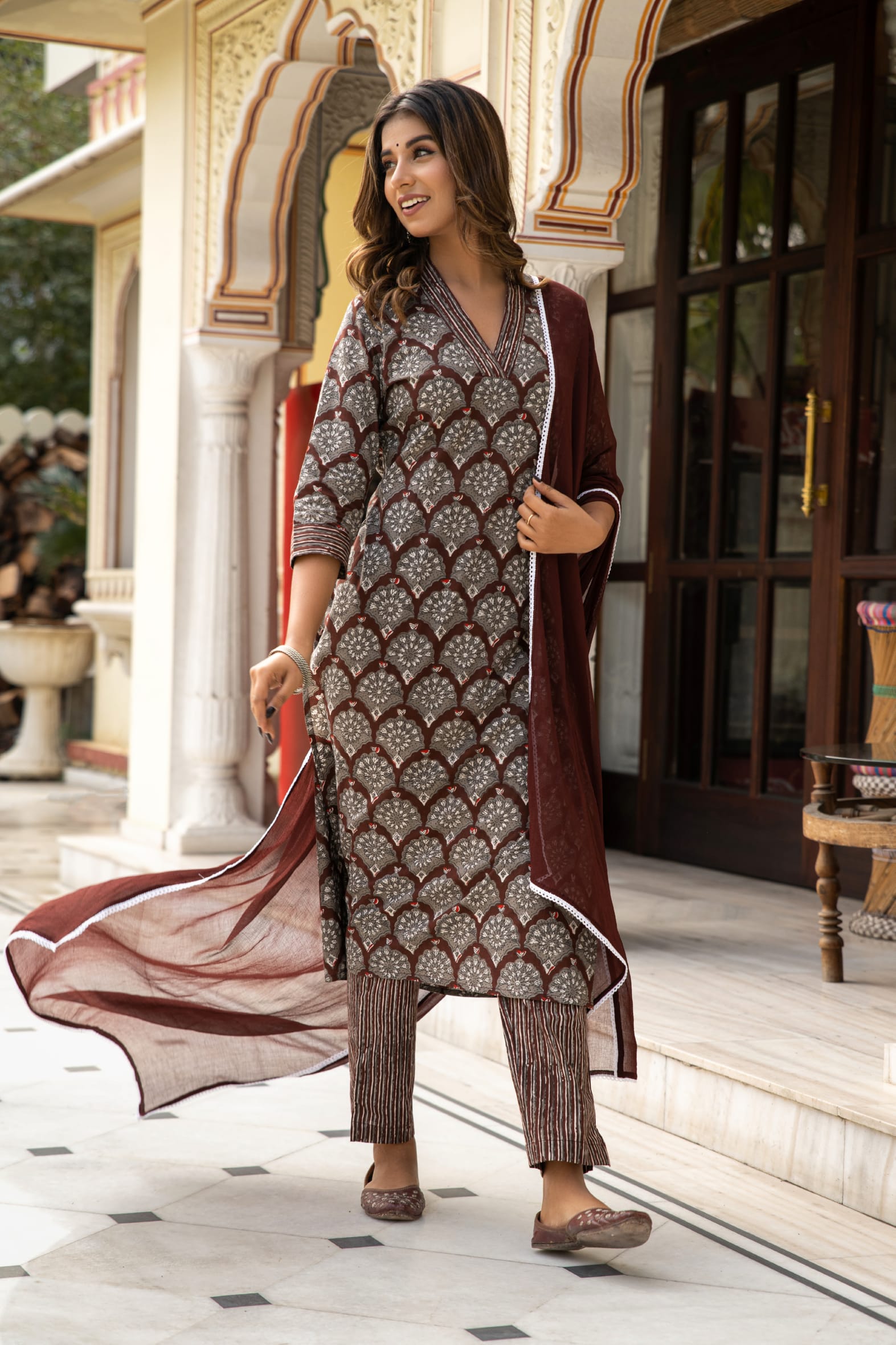 Brown Dabu Hand Block Printed Cotton Suit with Chiffon Dupatta- Set of 3 Bada Boota