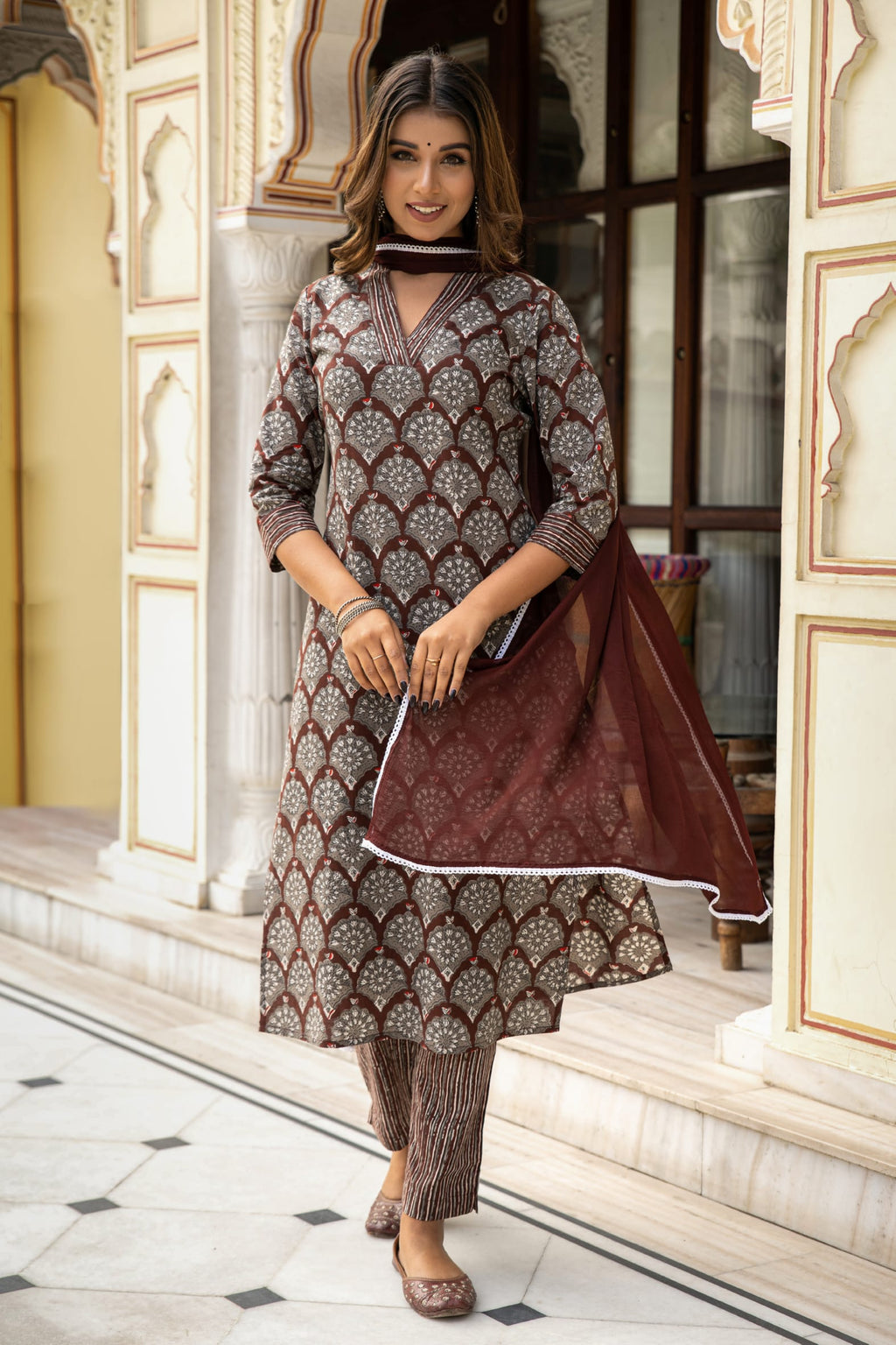 Brown Dabu Hand Block Printed Cotton Suit with Chiffon Dupatta- Set of 3 Bada Boota