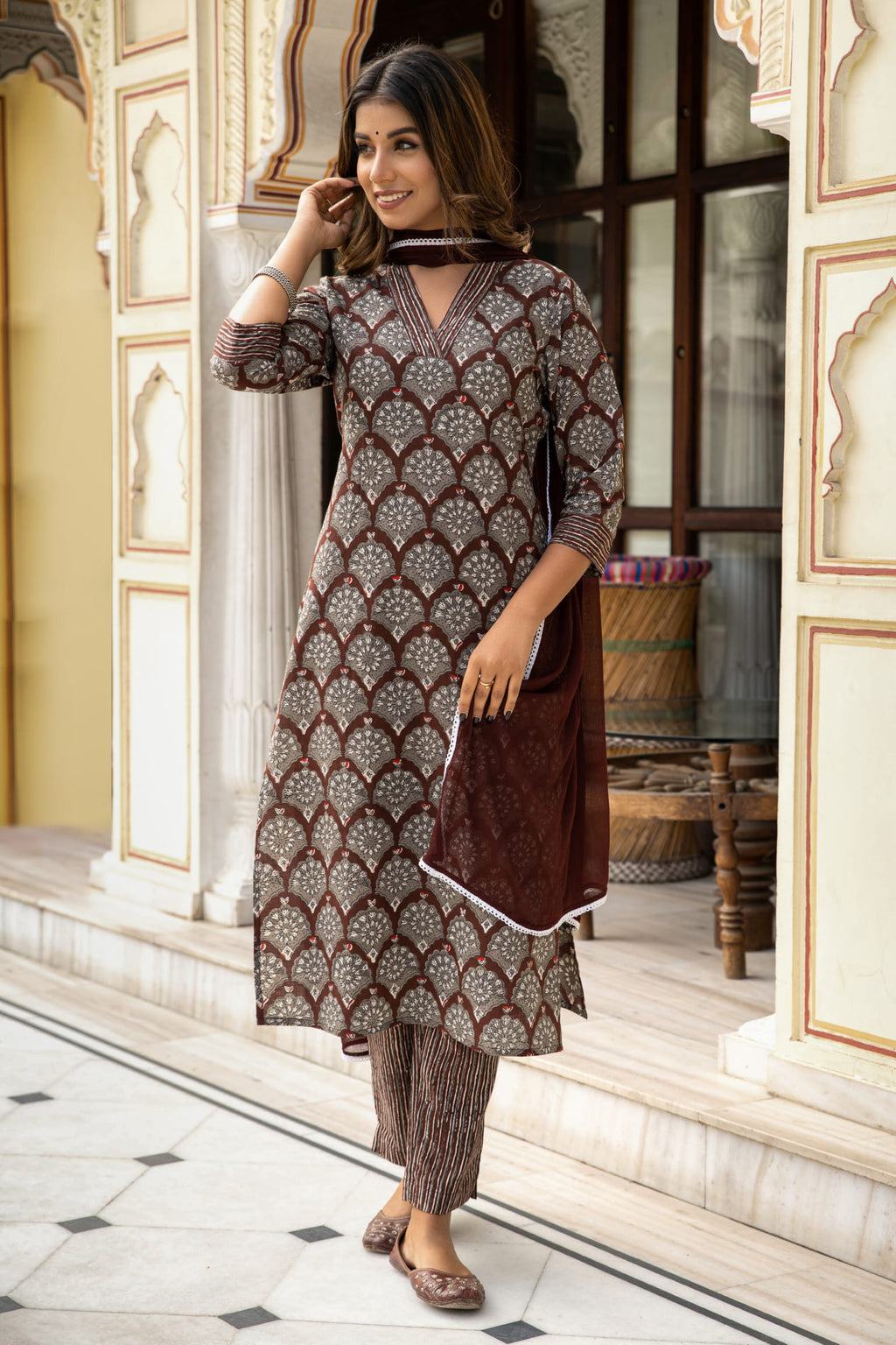 Brown Dabu Hand Block Printed Cotton Suit with Chiffon Dupatta- Set of 3 Bada Boota