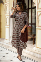 Brown Dabu Hand Block Printed Cotton Suit with Chiffon Dupatta- Set of 3 Bada Boota