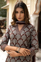 Brown Dabu Hand Block Printed Cotton Suit with Chiffon Dupatta- Set of 3 Bada Boota