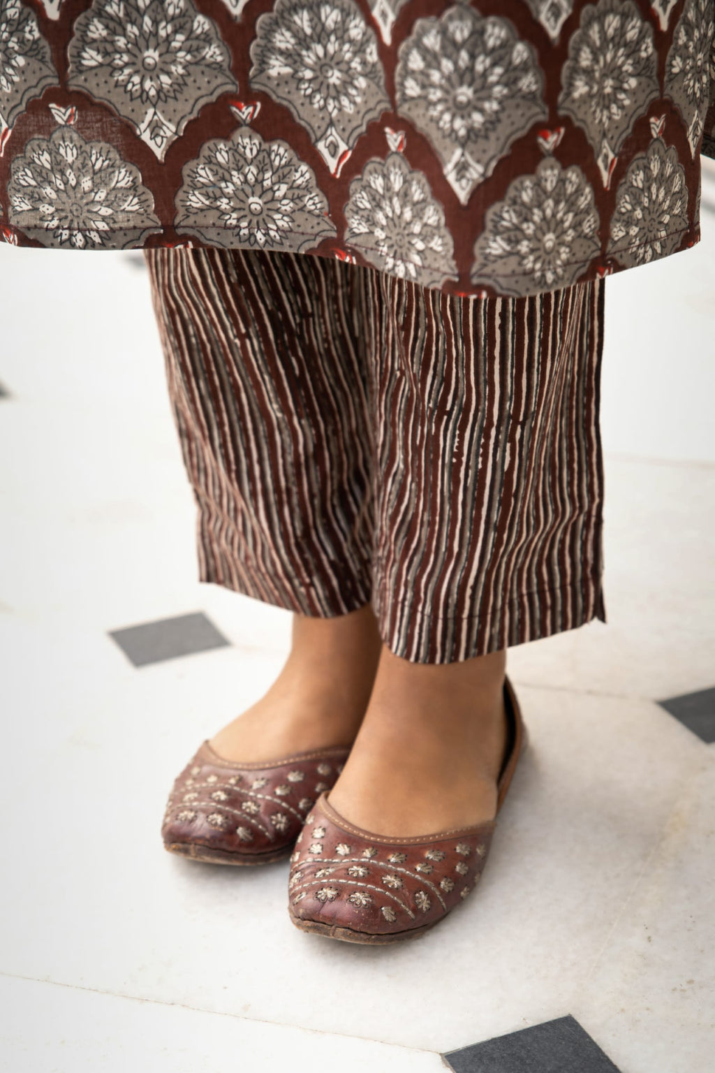 Brown Dabu Hand Block Printed Cotton Suit with Chiffon Dupatta- Set of 3 Bada Boota