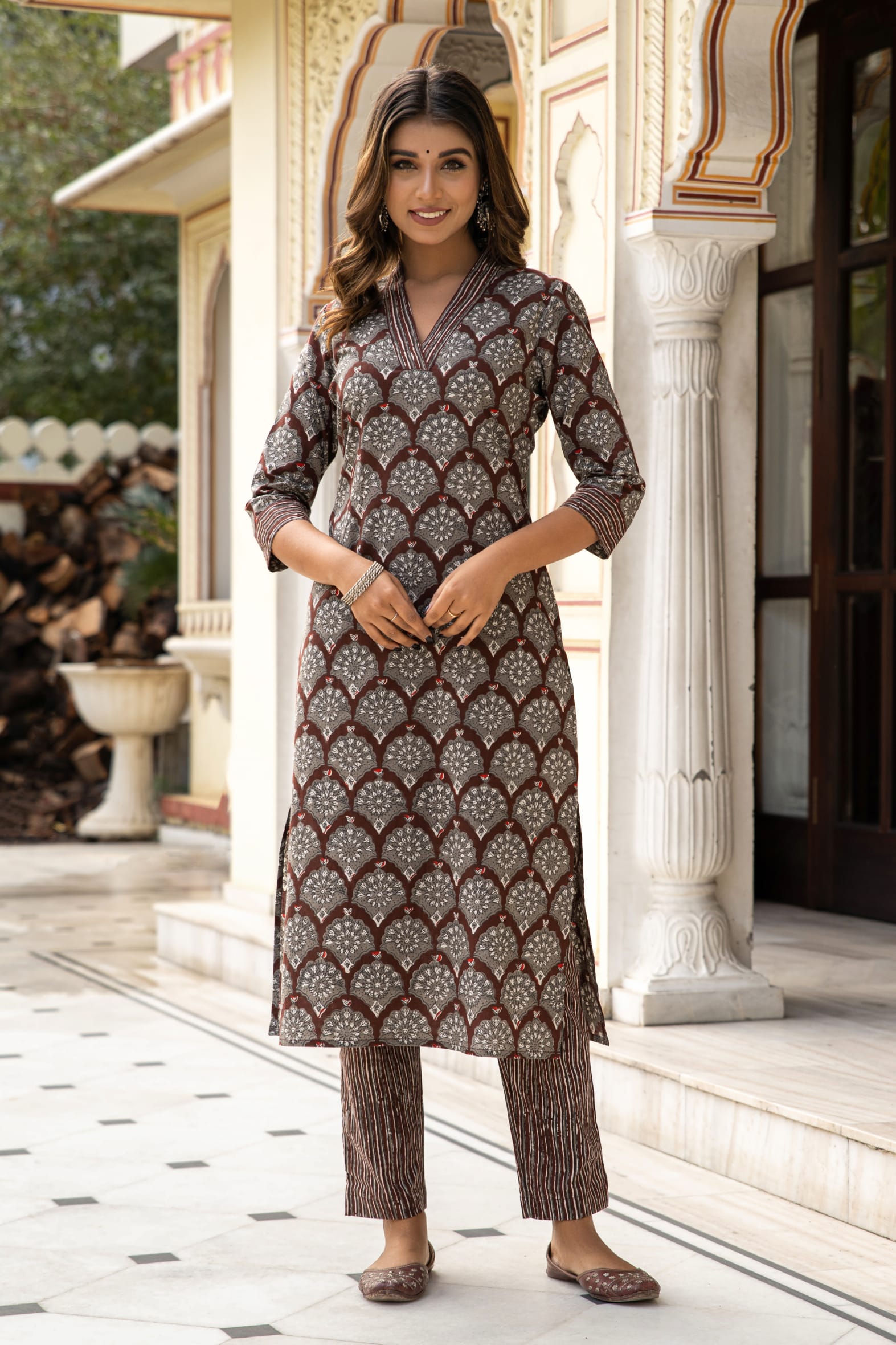 Brown Dabu Hand Block Printed Cotton Kurta with Pants- Set of 2 Bada Boota