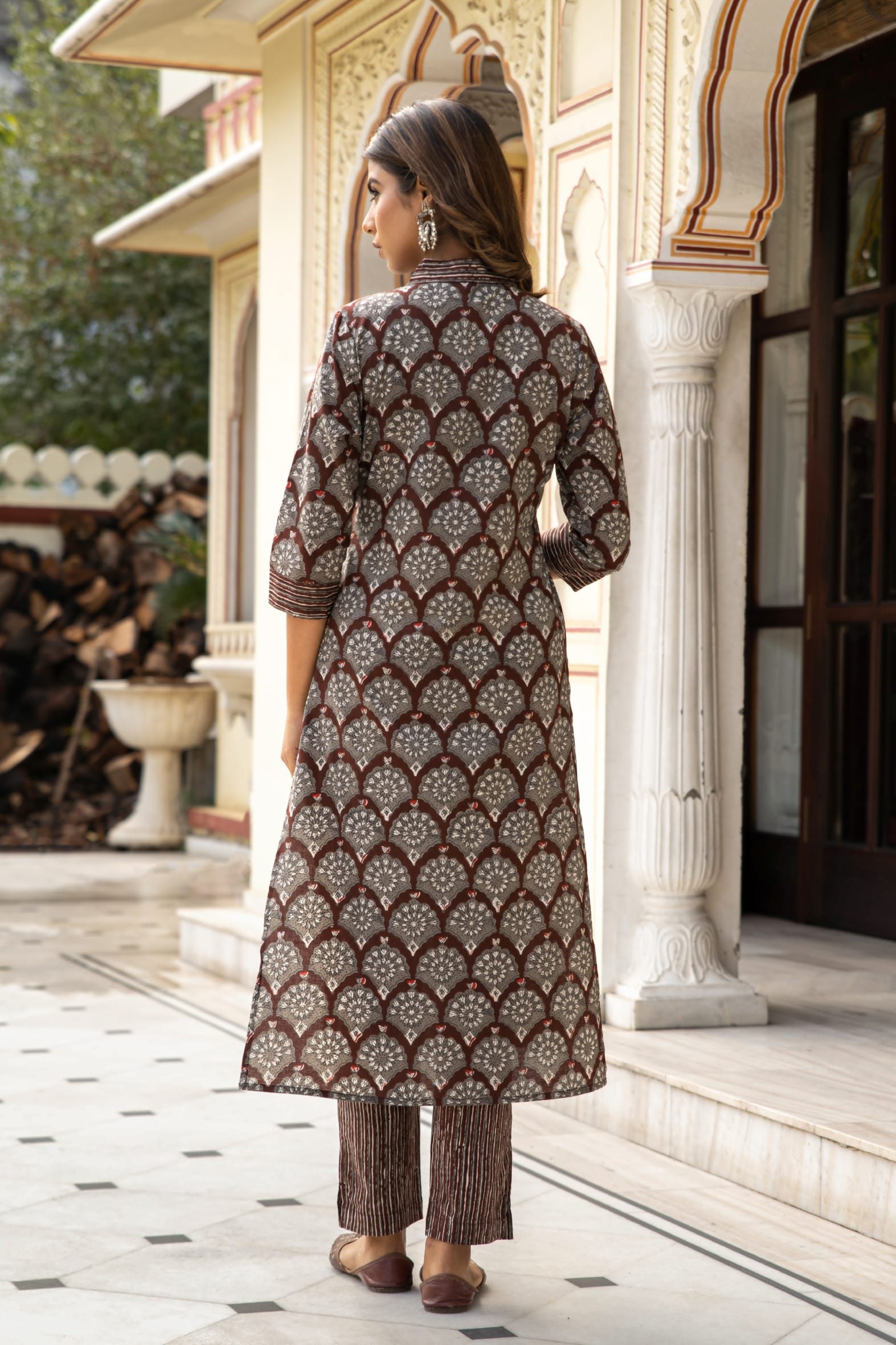 Brown Dabu Hand Block Printed Cotton Kurta with Pants- Set of 2 Bada Boota