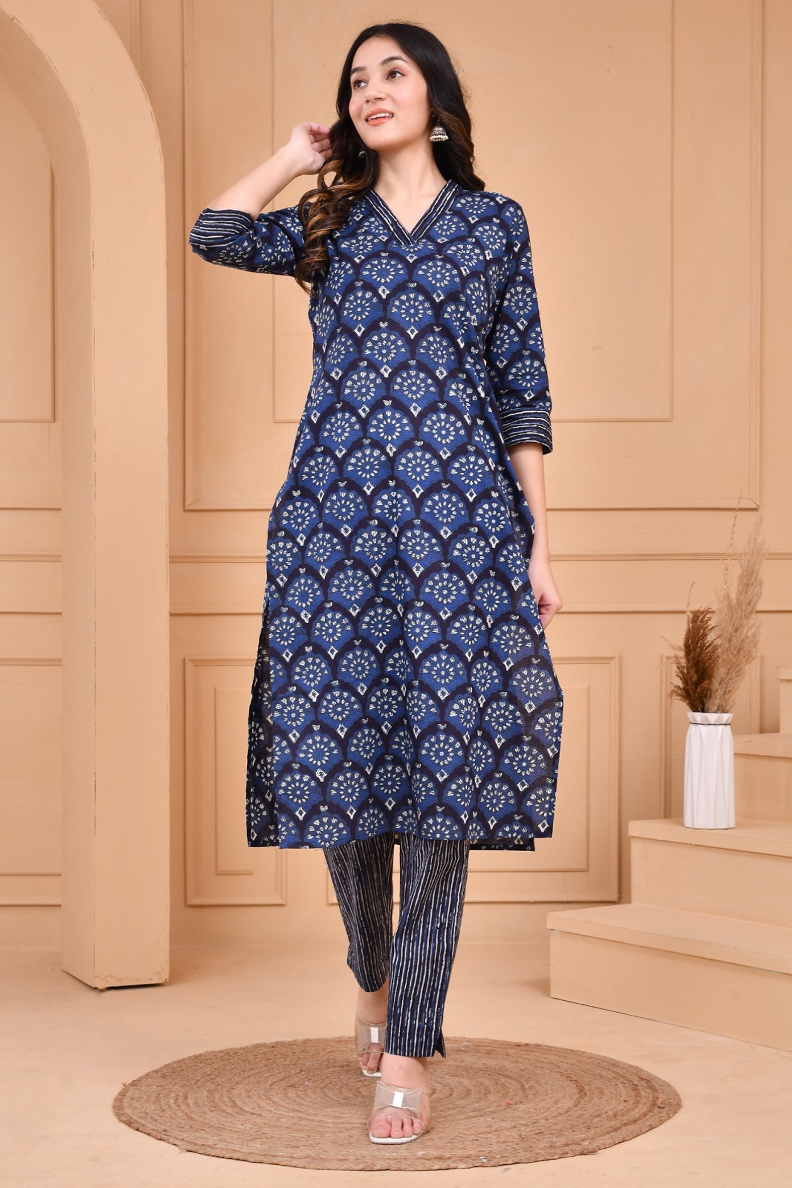 Blue Dabu Hand Block Printed Cotton Kurta with Pants- Set of 2 Bada Boota