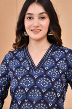 Blue Dabu Hand Block Printed Cotton Kurta with Pants- Set of 2 Bada Boota