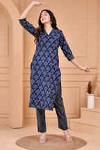 Blue Dabu Hand Block Printed Cotton Kurta with Pants- Set of 2 Bada Boota