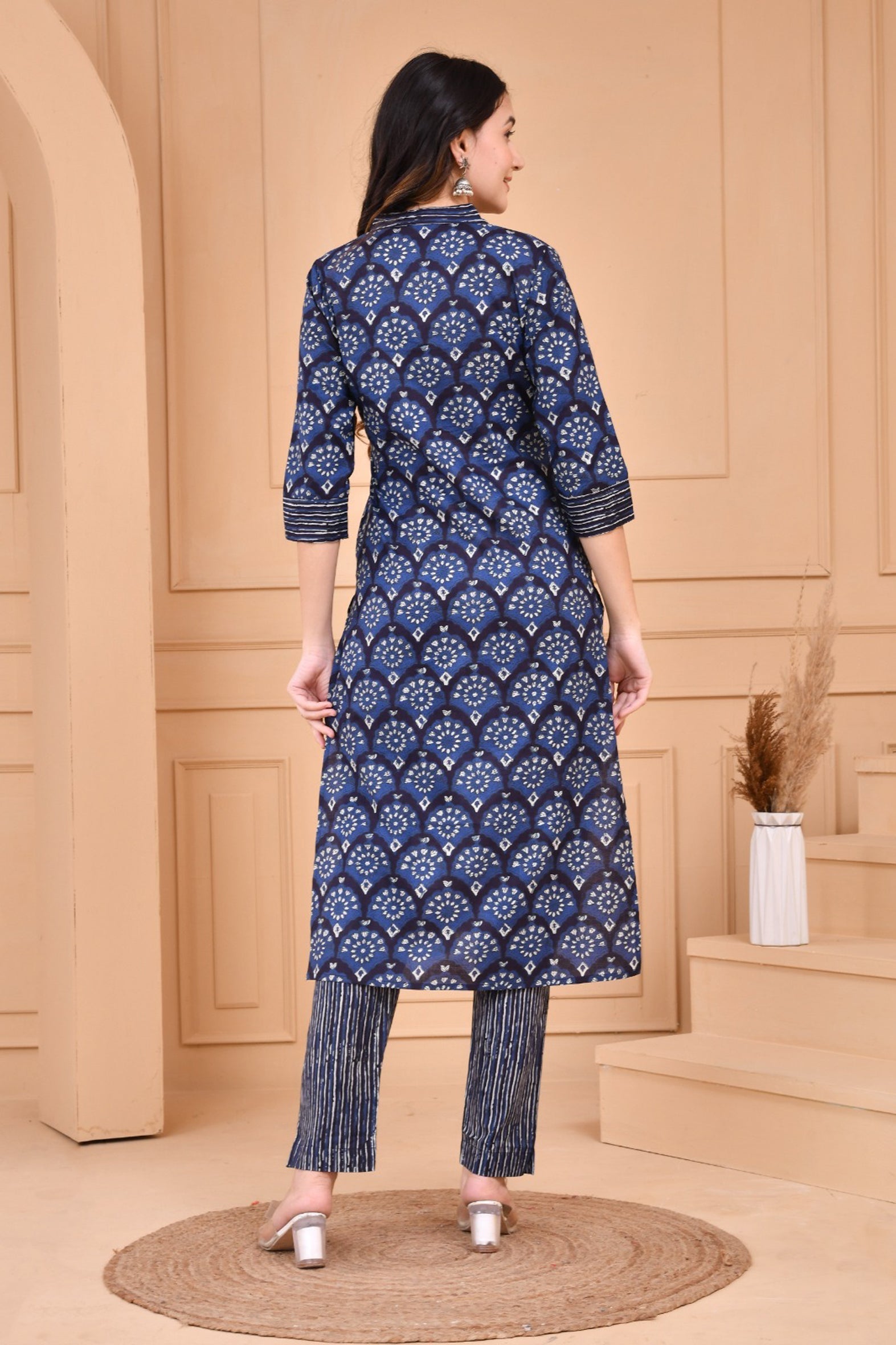 Blue Dabu Hand Block Printed Cotton Kurta with Pants- Set of 2 Bada Boota