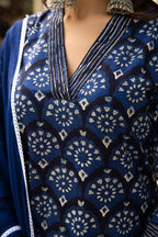 Blue Dabu Hand Block Printed Cotton Suit with Chiffon Dupatta- Set of 3 Bada Boota