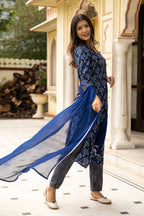Blue Dabu Hand Block Printed Cotton Suit with Chiffon Dupatta- Set of 3 Bada Boota
