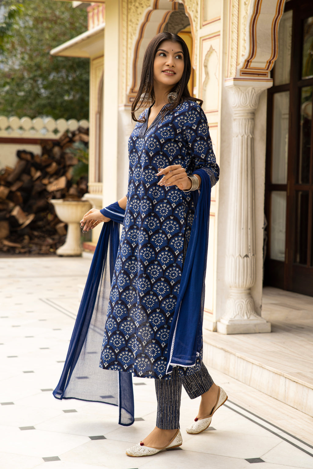 Blue Dabu Hand Block Printed Cotton Suit with Chiffon Dupatta- Set of 3 Bada Boota