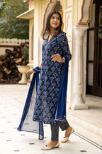 Blue Dabu Hand Block Printed Cotton Suit with Chiffon Dupatta- Set of 3 Bada Boota
