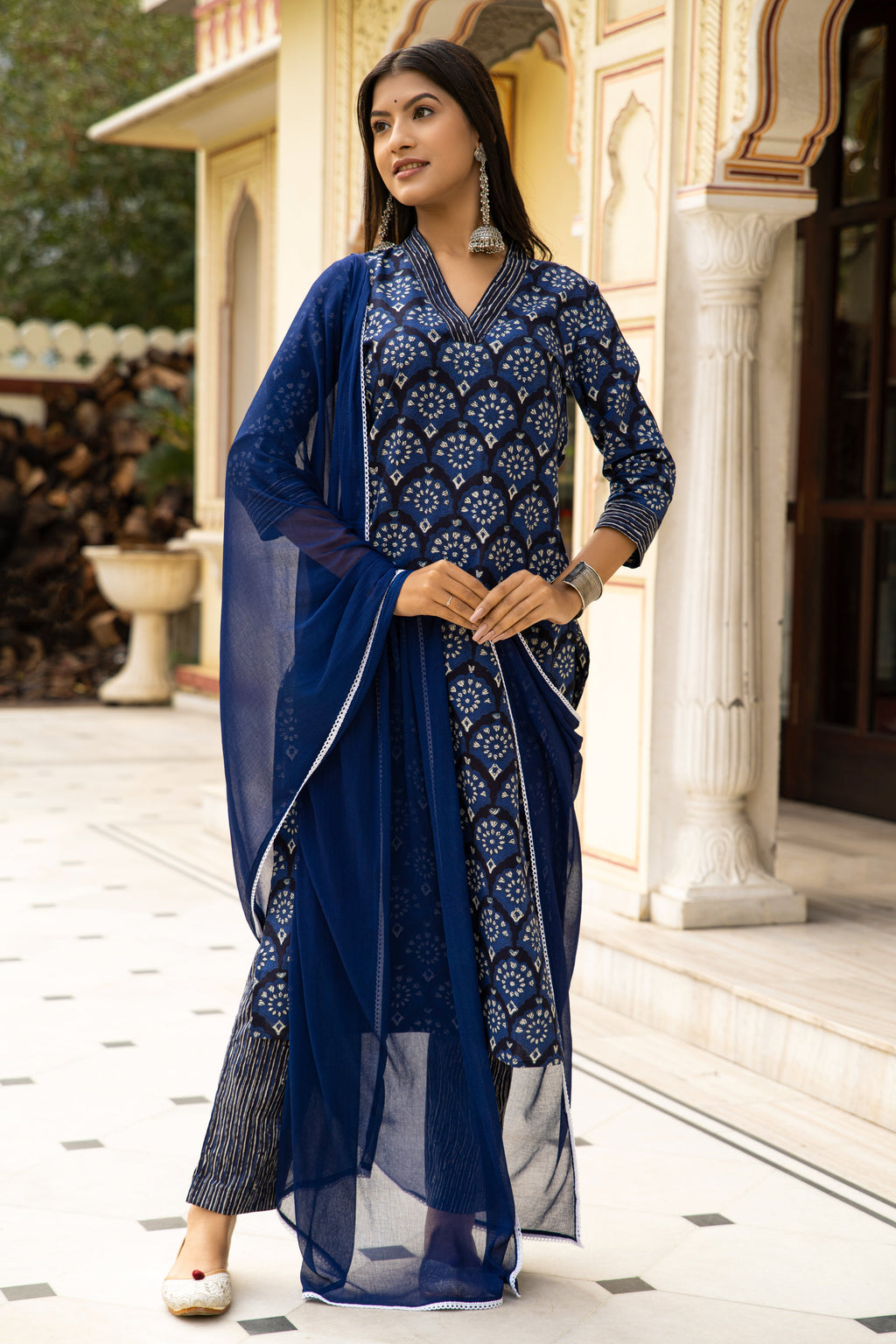 Blue Dabu Hand Block Printed Cotton Suit with Chiffon Dupatta- Set of 3 Bada Boota