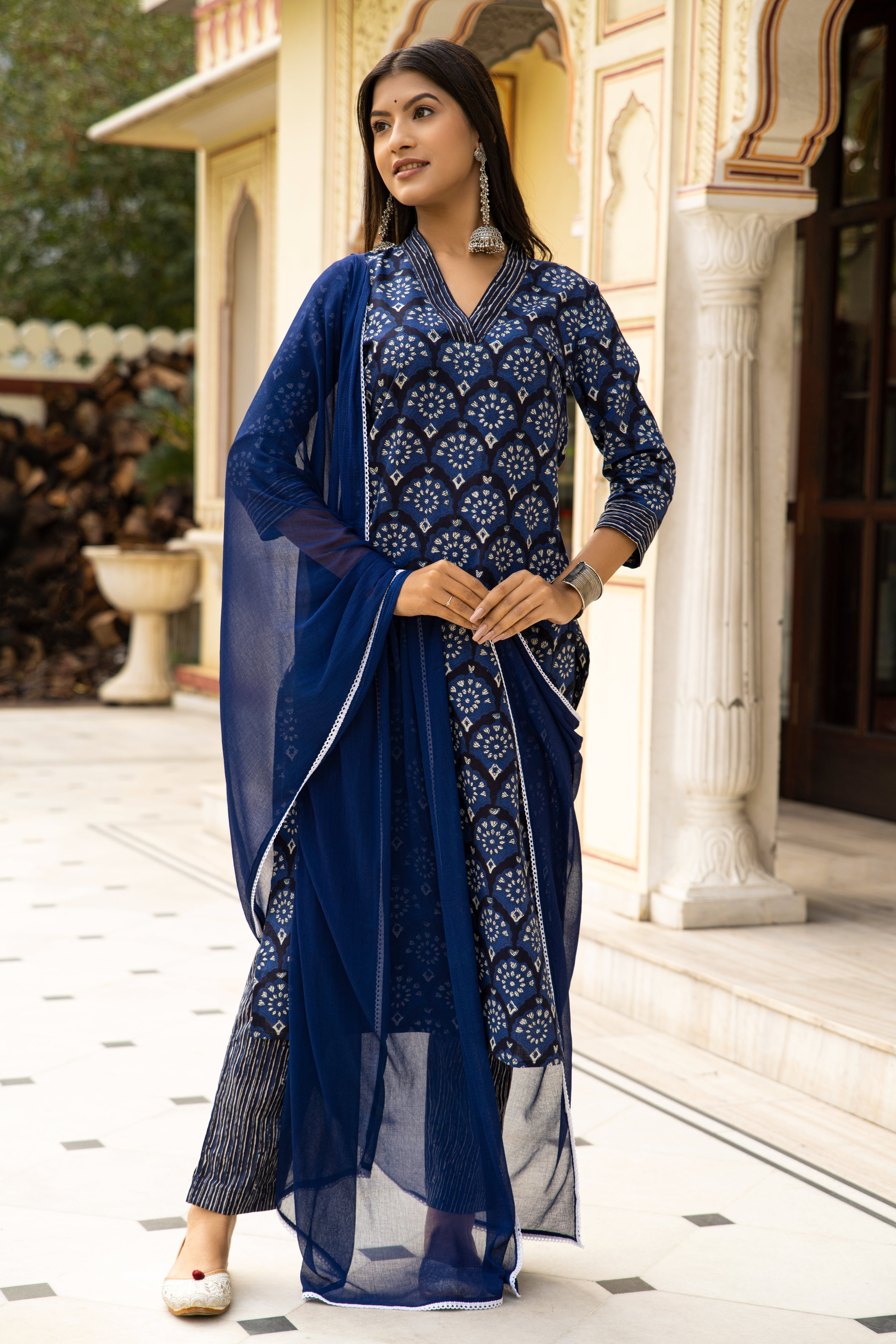 Blue Dabu Hand Block Printed Cotton Suit with Chiffon Dupatta- Set of 3 Bada Boota
