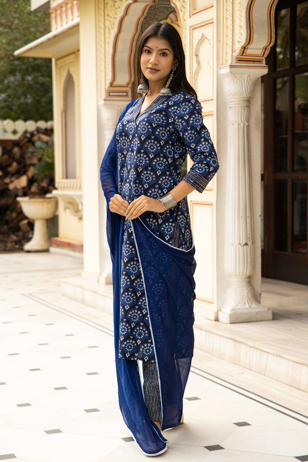 Blue Dabu Hand Block Printed Cotton Suit with Chiffon Dupatta- Set of 3 Bada Boota