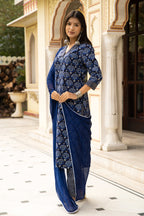 Blue Dabu Hand Block Printed Cotton Suit with Chiffon Dupatta- Set of 3 Bada Boota
