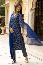 Blue Dabu Hand Block Printed Cotton Suit with Chiffon Dupatta- Set of 3 Bada Boota