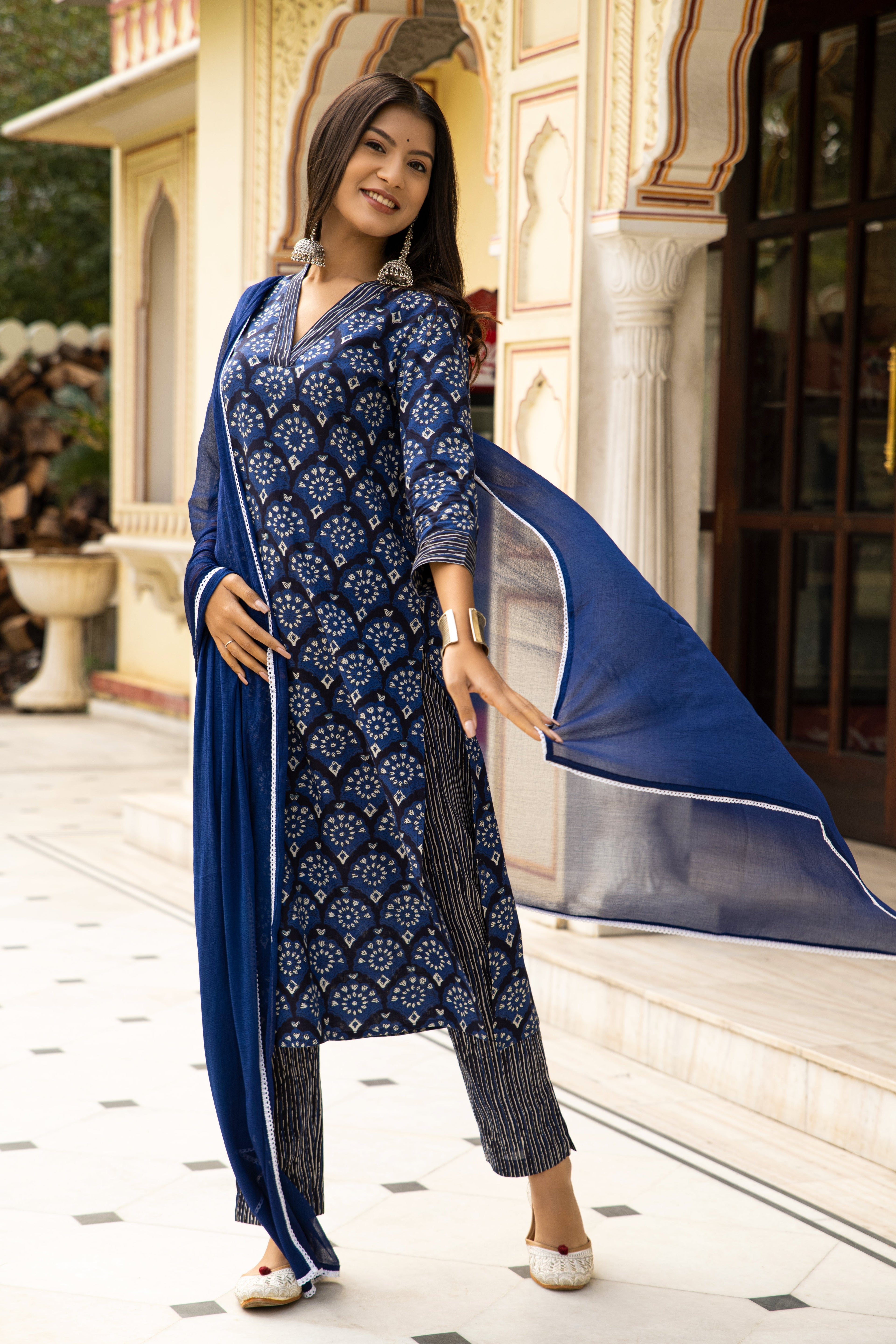 Blue Dabu Hand Block Printed Cotton Suit with Chiffon Dupatta- Set of 3 Bada Boota
