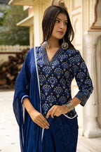 Blue Dabu Hand Block Printed Cotton Suit with Chiffon Dupatta- Set of 3 Bada Boota