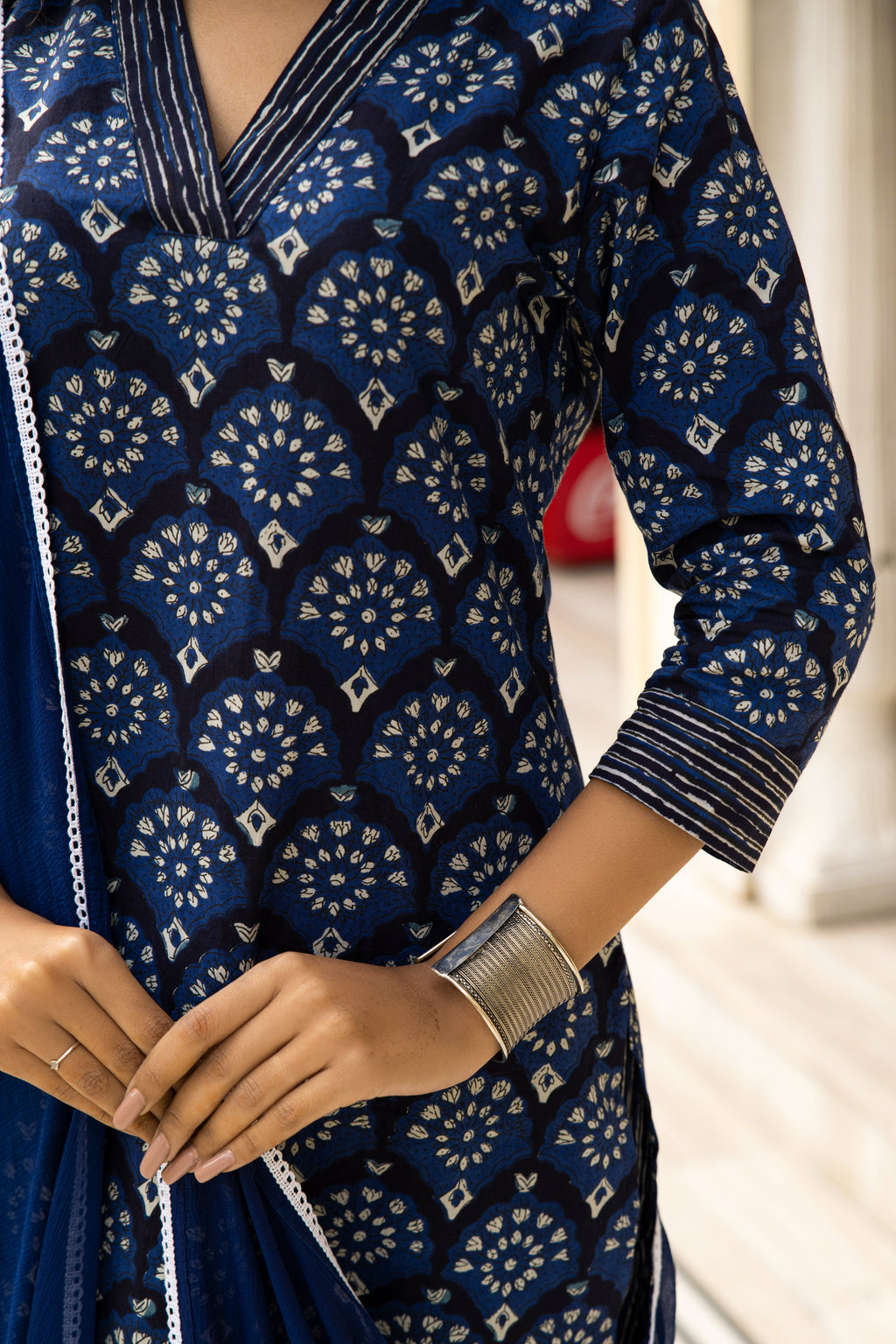 Blue Dabu Hand Block Printed Cotton Suit with Chiffon Dupatta- Set of 3 Bada Boota