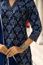 Blue Dabu Hand Block Printed Cotton Suit with Chiffon Dupatta- Set of 3 Bada Boota