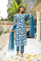 Blue Hand Block Printed Cotton Suit with Kota Doria Dupatta- Set of 3 Bada Boota