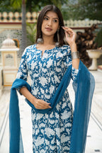 Blue Hand Block Printed Cotton Suit with Kota Doria Dupatta- Set of 3 Bada Boota