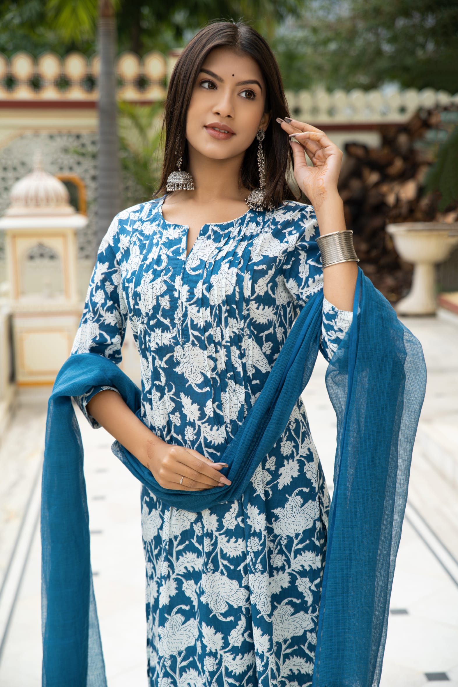 Blue Hand Block Printed Cotton Suit with Kota Doria Dupatta- Set of 3 Bada Boota