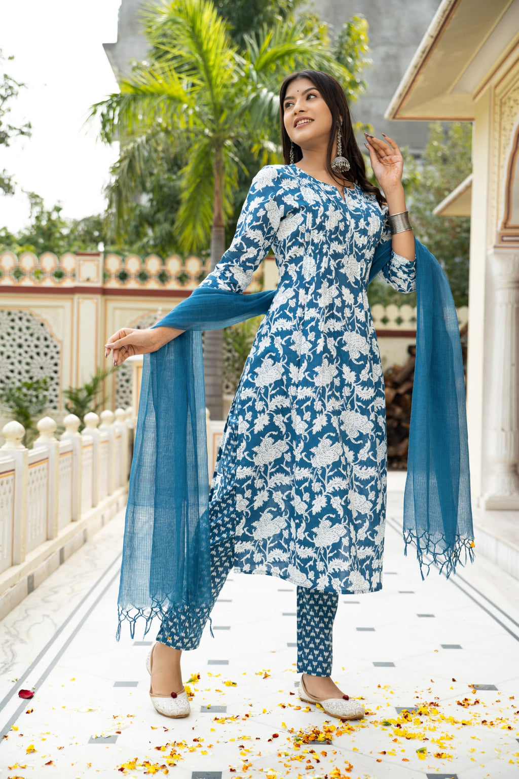 Blue Hand Block Printed Cotton Suit with Kota Doria Dupatta- Set of 3 Bada Boota