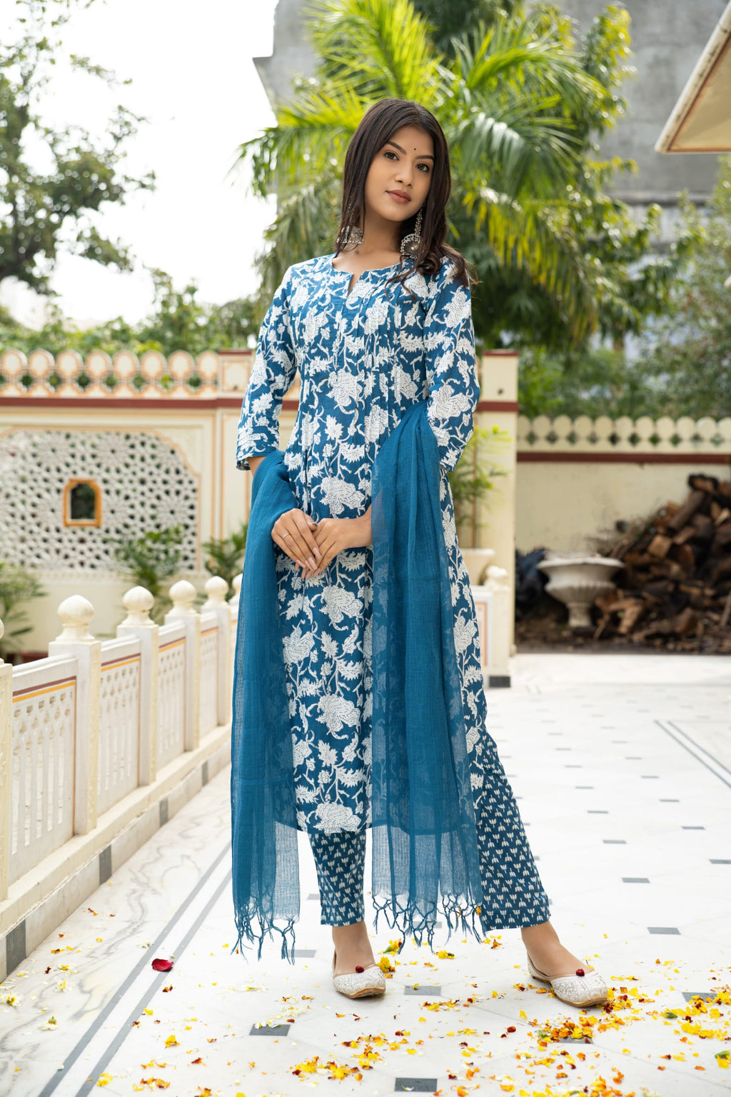 Blue Hand Block Printed Cotton Suit with Kota Doria Dupatta- Set of 3 Bada Boota