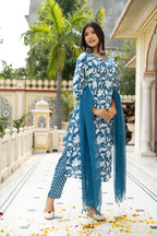 Blue Hand Block Printed Cotton Suit with Kota Doria Dupatta- Set of 3 Bada Boota