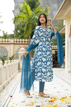 Blue Hand Block Printed Cotton Suit with Kota Doria Dupatta- Set of 3 Bada Boota